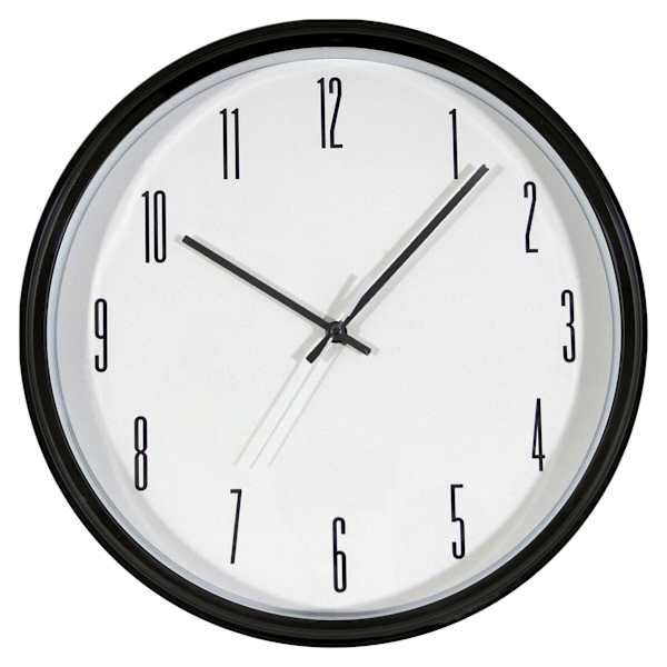 a black and white clock with numbers on the face is seen against a white background