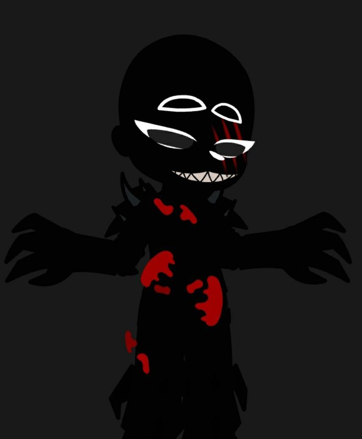 a cartoon character with red paint on his face and hands, standing in the dark