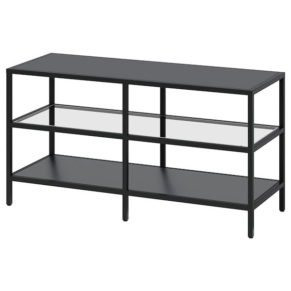 a black shelf with glass shelves on each side