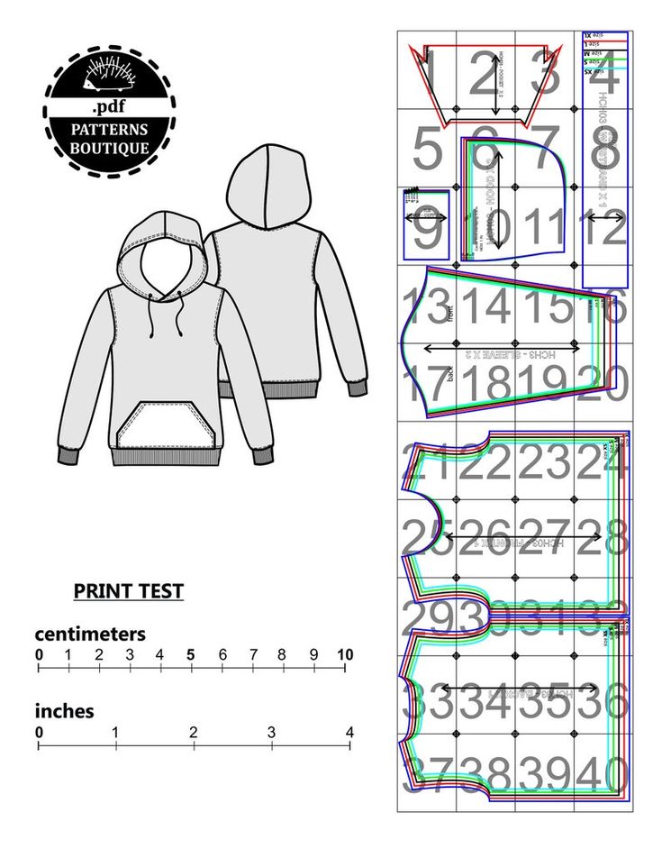 the hoodie pattern is shown with numbers and times for each item to be printed