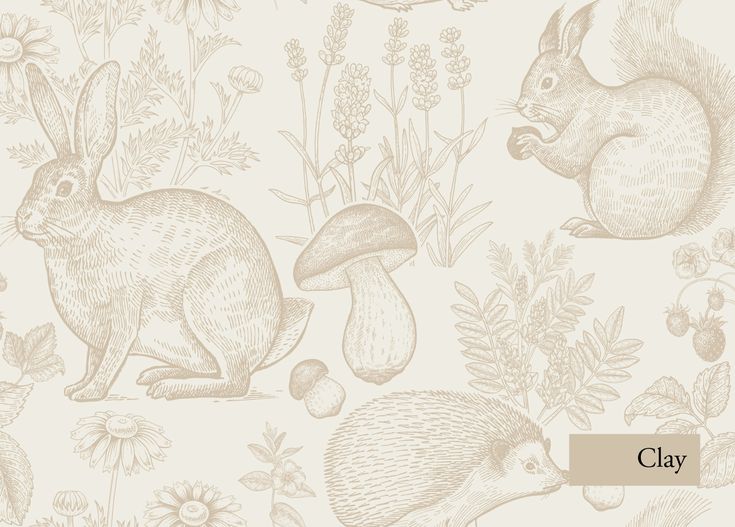 a wallpaper with rabbits, mushrooms and flowers in beige on a white background that says clay