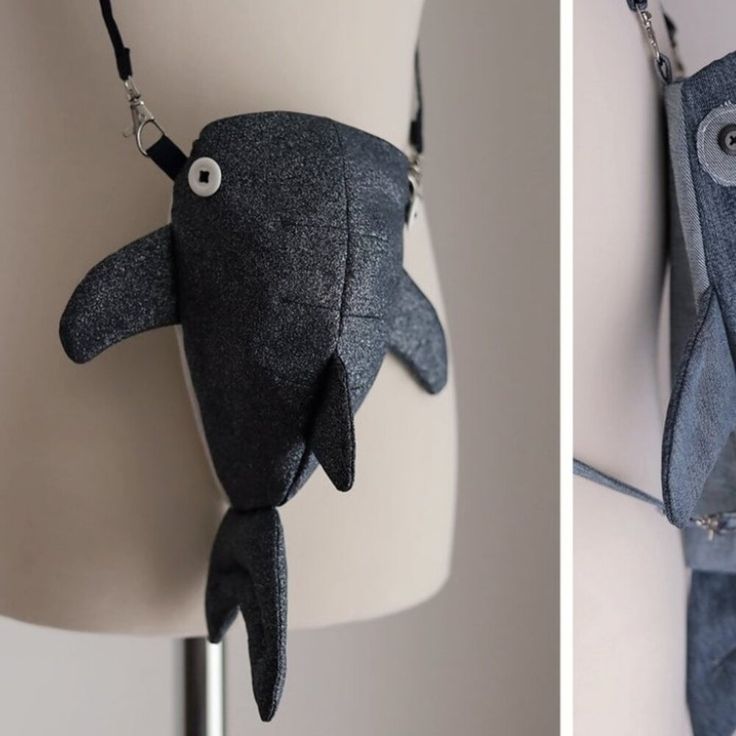 two pictures of a stuffed shark on a mannequin's torso, one with a chain attached to it