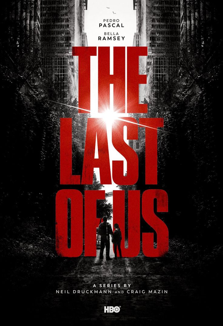 the last of us movie poster with two people standing in an alleyway, one person holding