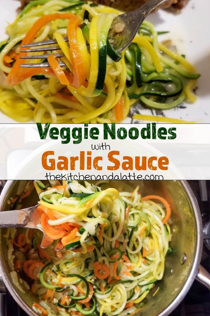 vegetable noodles with garlic sauce in a pan on the stove top and an image of a fork