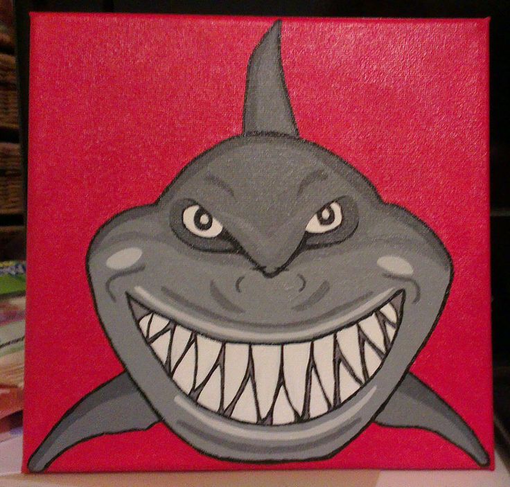 a painting of a shark with its mouth open and teeth wide, on a red background