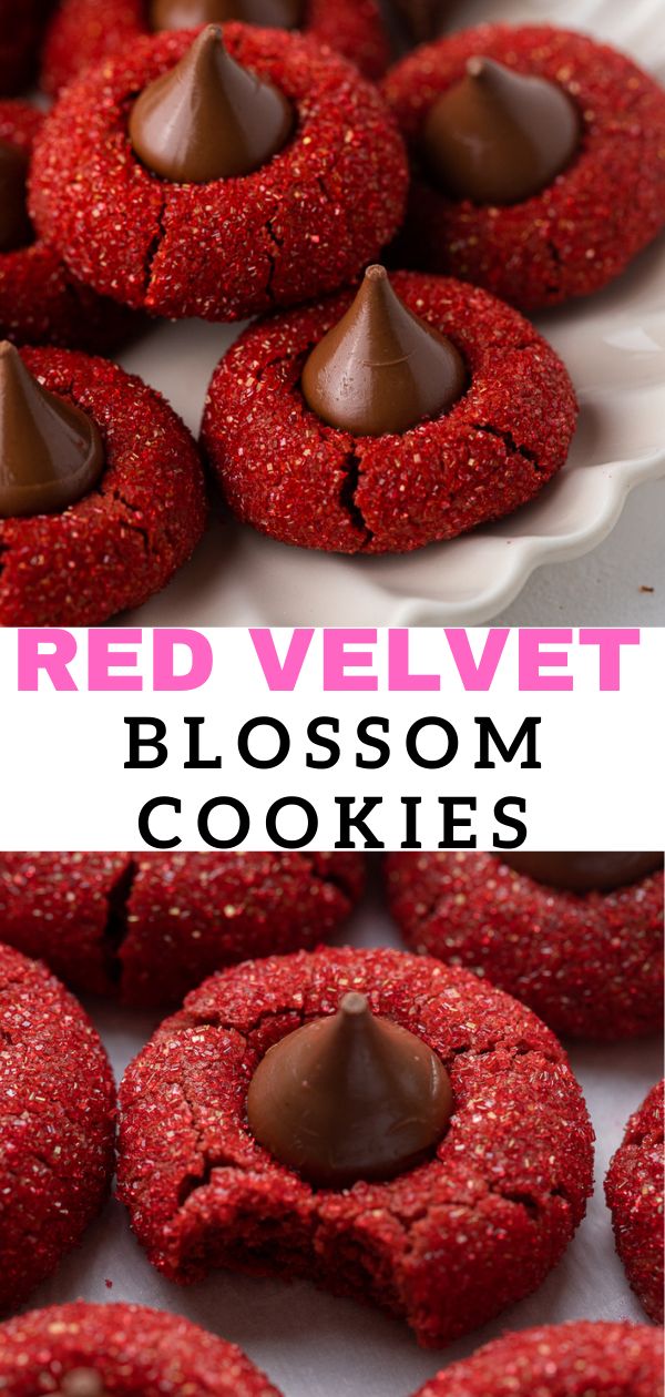 red velvet blossom cookies with chocolate in the middle