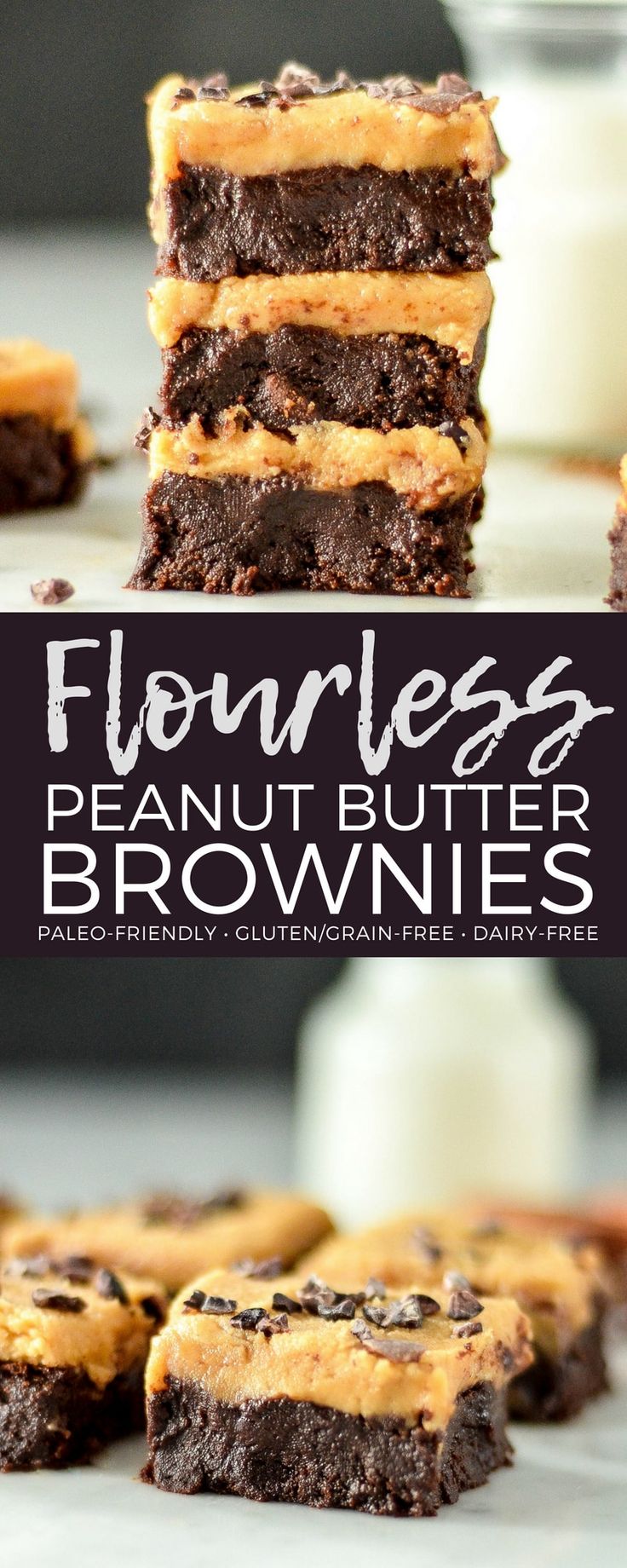 four brownies stacked on top of each other with the words flourless peanut butter brownies