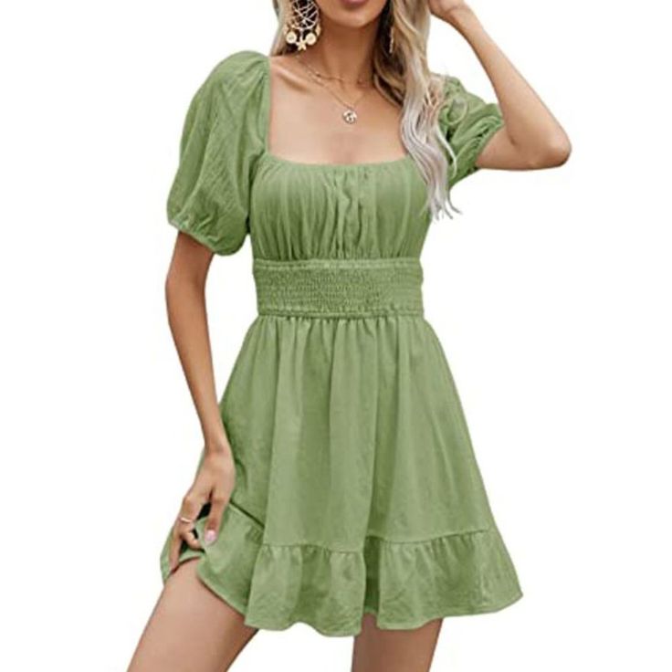 Puff Sleeve Square Neck Dress Green 65% Soft Fabric, 35% Polyester Tie Closure Fabric Is Soft And Comfortable, But Non-Stretch Puff Short Sleeve, Square Neck, Shirred Tie Back, Ruffle Hem, Aline Swing Dress Style, Above Knee Length, Boho Solid Short Dress You Will Always Be The Attractive One In The Date, School, Church, Street Wear, Beach, Office, Stylish Evening Event, Fashion Party Or Casual Life This A Line Dress Easy Match Your Beautiful Necklace, Bag, Sneaker, High Heels, Sandals, Boots Sneaker High Heels, Sequin Short Dress, Red Bandage Dress, Asian Style Dress, White Tank Dress, Blue Green Dress, Bianca Dress, Beach Office, Dress Square Neck