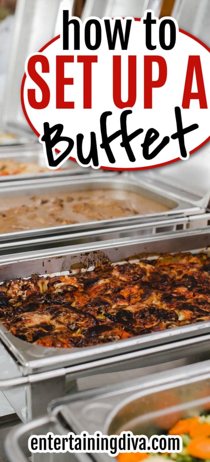 several trays of food with the words how to set up a buffet