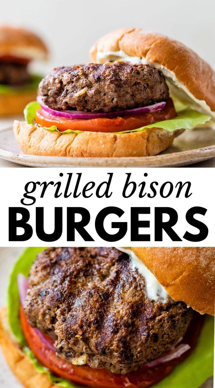 grilled bison burgers with lettuce, tomato and onion on a bun