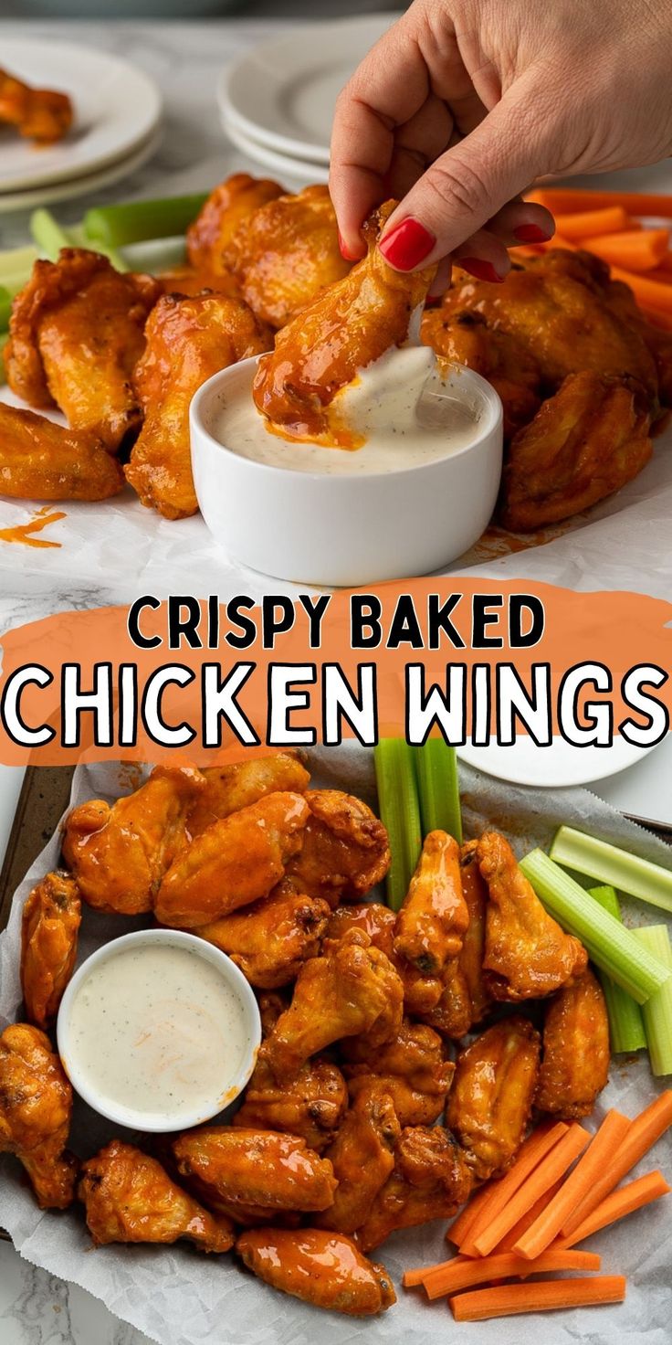 crispy baked chicken wings with ranch dip and celery sticks on the side