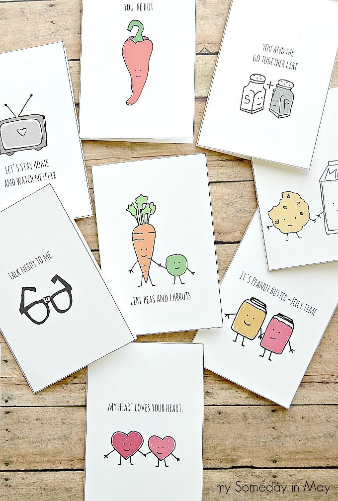 six cards with funny drawings on them, including carrots and an egg carton