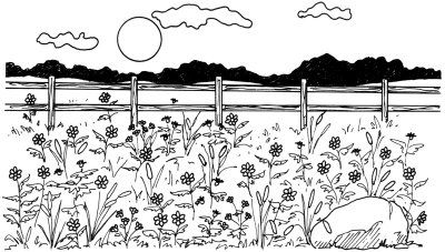 a black and white drawing of flowers by a fence with the sun in the background