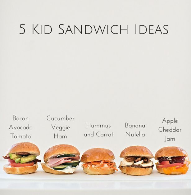 five sandwiches are lined up on a white surface with the words, 5 kid sandwich ideas