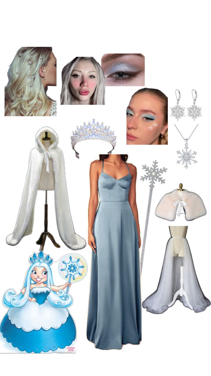 a woman in a blue dress is standing next to some white accessories and snowflakes