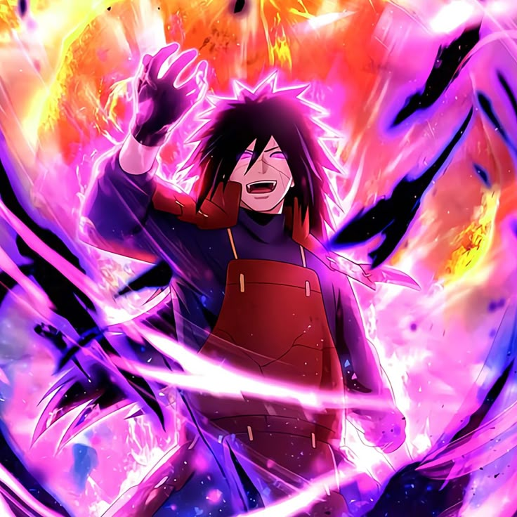 an anime character with long black hair and red shirt holding his hand up in the air