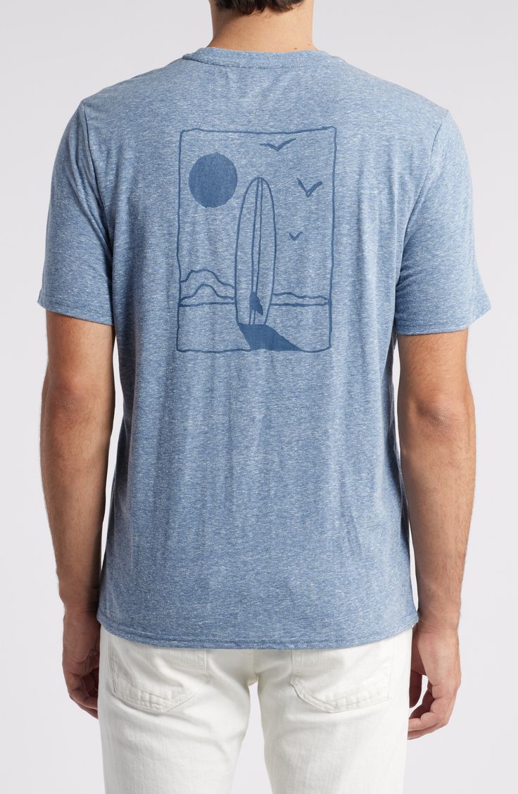 Surfer art brings beachy vibes to a T-shirt made with recycled fibers for riding or relaxing in easy comfort. 28" length   Crewneck   Short sleeves   92% recycled polyester, 8% spandex   Machine wash, tumble dry   Imported Blue Beach T-shirt With Front Print, Summer T-shirt With Back Print For Everyday, Summer T-shirt With Back Print, Summer Everyday T-shirt With Back Print, Casual Short Sleeve Tops In Recycled Polyester, Eco-friendly Ink Tops With Relaxed Fit And Short Sleeves, Relaxed Fit Graphic Tee With Eco-friendly Ink, Casual Crew Neck T-shirt With Eco-friendly Ink, Cotton Tops With Back Print For Surfing