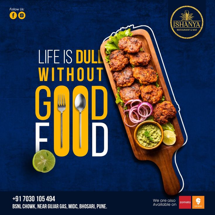 an advertisement for a restaurant called life is dull without good food, featuring meatballs and vegetables