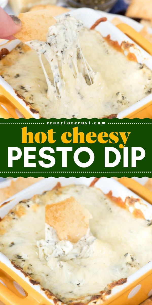 Game day just got cheesier! This Easy Hot Cheesy Pesto Dip is loaded with gooey, cheesy goodness and a burst of basil and garlic pesto flavor. A must-have for your Super Bowl party food ideas and Game Day menu! Pesto Dip Appetizer, Pesto Cheese Dip, Game Day Dinner Ideas, Game Day Dinner, Game Day Drinks, Warm Dip Recipes, Super Bowl Party Food Ideas, Super Easy Appetizers, Dip Recipes Hot