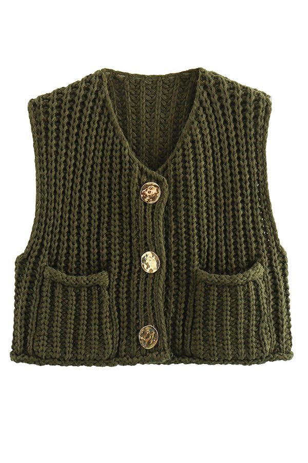 a green knitted vest with buttons on the front and two pockets at the back