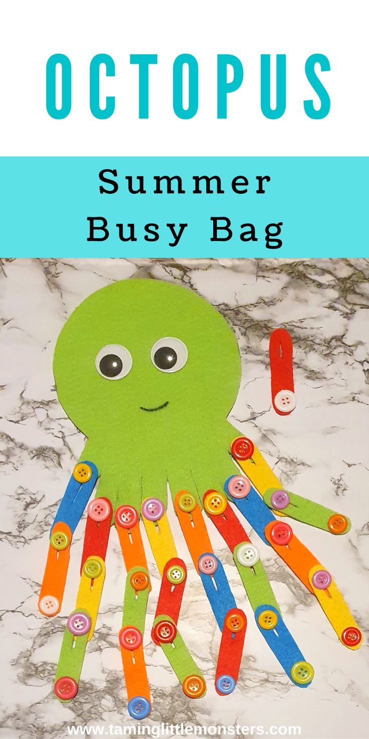 an octopus made out of popsicle sticks with the words, octopus summer busy bag