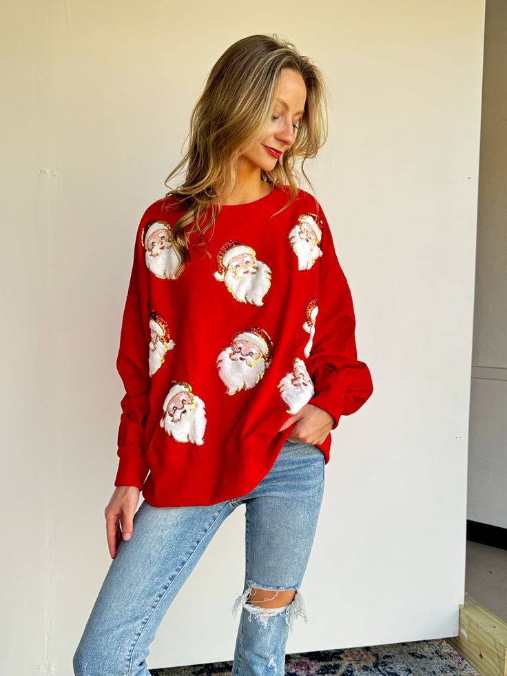 Add some sparkle and fun to your holiday wardrobe with our Red Sequin Santa Sweatshirt! This oversized sweatshirt features a fuzzy santa beard and is adorned with sparkly sequins. Perfect for the Christmas season, this unique sweatshirt will make you stand out and spread some holiday cheer. Sequin santa long sleeve Red sweatshirt Runs true to size, comfortable fit Perfect for Christmas festivities! Santa Beard, Christmas Festivities, Unique Sweatshirt, Santa Sweatshirt, Red Sweatshirt, Peach Love, Vintage Havana, Red Sequin, Holiday Wardrobe