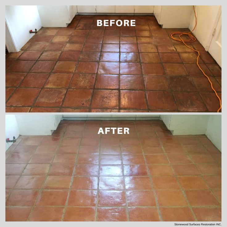 before and after photos of a tile floor cleaning job in the kitchen with brown grout