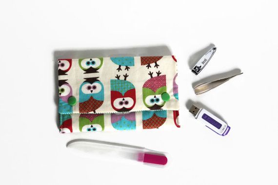 All in one  Bag with owls: manicure kit tissue by Sunchildsews Lipstick Business, Tissue Pouch, Colorful Owl, Owl Fabric, Colorful Owls, Lipstick Bag, Manicure Kit, Usb Stick, One Bag