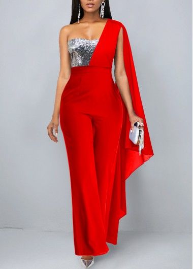 Color:Red;Size:L;Size:M;Size:XXL;Size:S;Size:XL;Color Scheme:Red;Fit Type:Straight;Clothing Length:Ankle Length;Style:Elegant;Composition:95% Polyester, 5% Spandex;Sleeve's Length:Long Sleeve;Washing Instructions:Hand Wash;Occasion:Office;Package Contents:1 X Jumpsuit;Pattern Type:Patchwork;Season:Summer;Decoration:Sequin;Neckline:Asymmetrical Neck; Jump Suites Elegant, Formal Jumpsuits For Women, Jump Suites, Jumpsuits For Women Summer, Jumpsuits For Women Formal, Formal Jumpsuits, Jumpsuit Style, Jumpsuits And Rompers, Eid Outfits