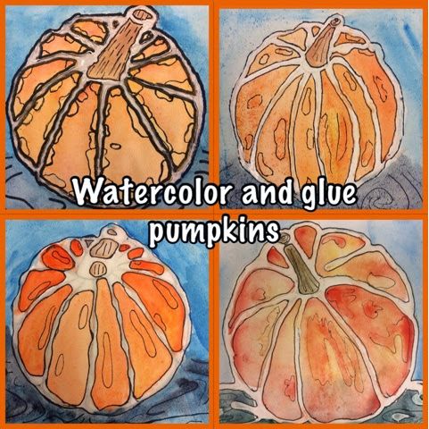 watercolor and glue pumpkins are shown in four different pictures with the words, watercolor and glue pumpkins