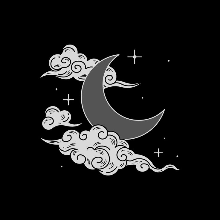 the moon and clouds are flying in the night sky, with stars above it on a black background