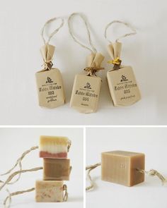 four different types of soaps with tags attached to them