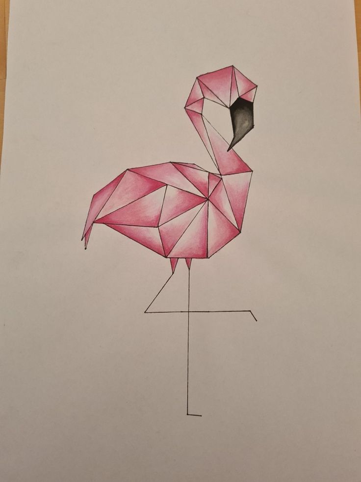 a drawing of a pink flamingo with geometric shapes on it's back legs