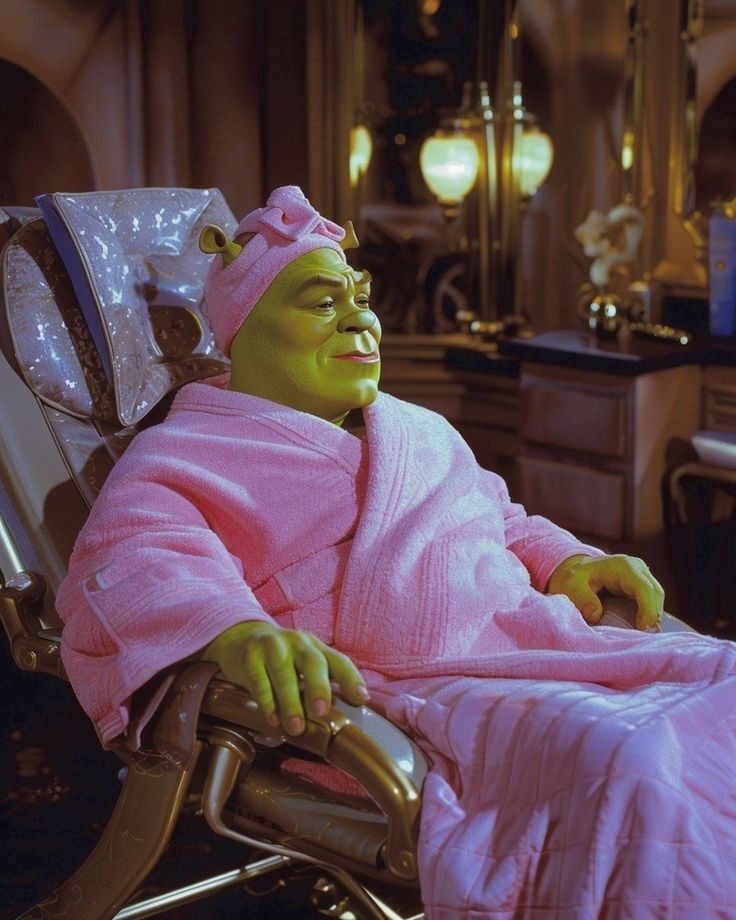 a woman in a pink robe sitting in a wheel chair with a griny look on her face