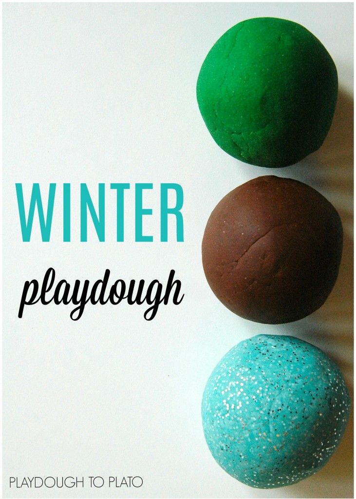 three balls of playdough with the words winter playdough on top and below