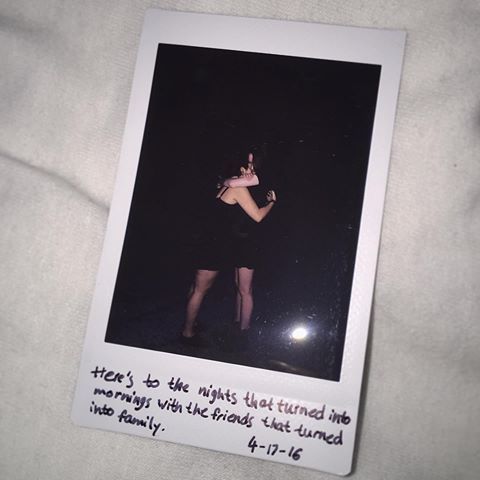 a polaroid photo with the caption that reads, there's to the nights left turned into money with the friends last hundred minutes