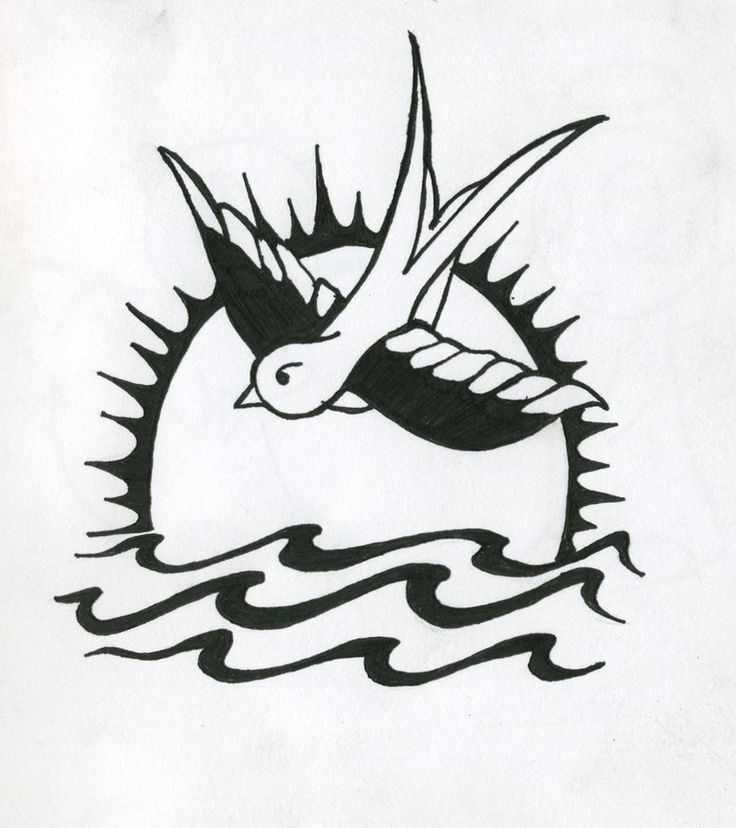 a black and white drawing of a bird flying over water