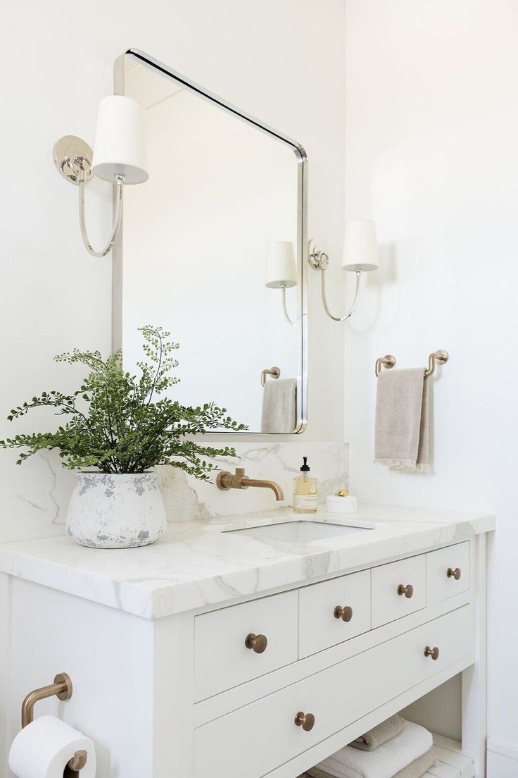 a bathroom with a sink, mirror and toilet paper roll holder on the counter top