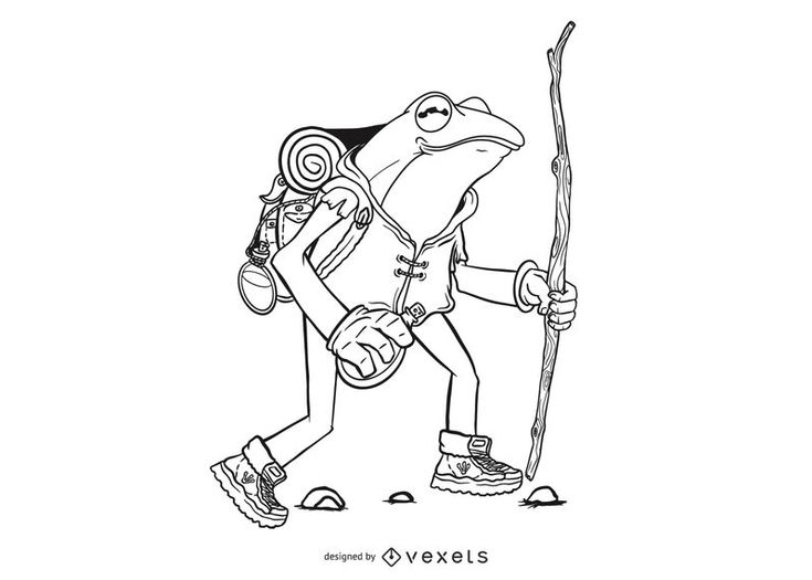 a cartoon character holding a ski pole and wearing hiking gear, with the caption's name on it