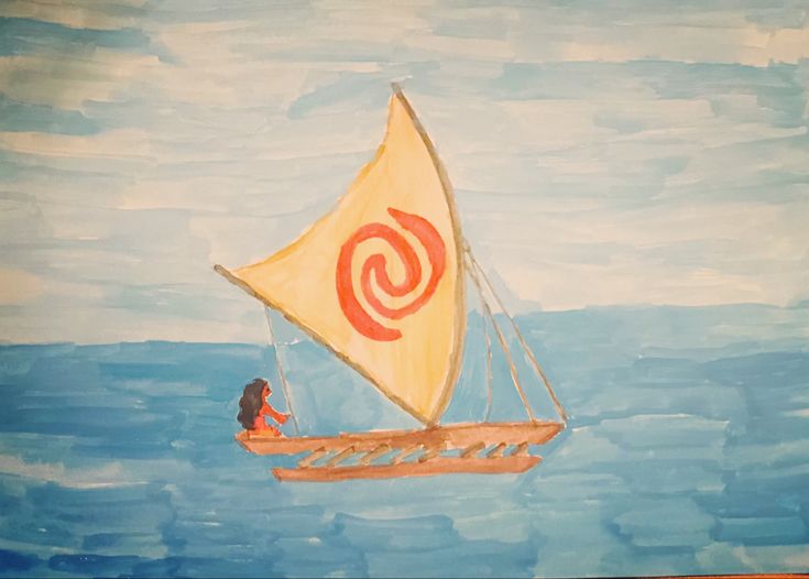 a painting of a person on a sailboat in the ocean with an at symbol painted on it