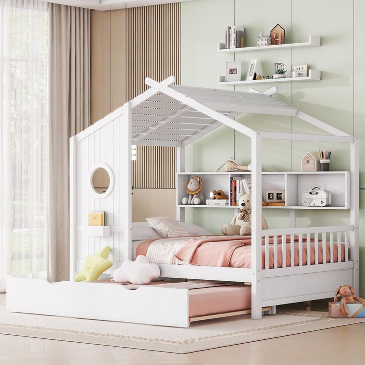 a child's bedroom with a bed, book shelf and toy house