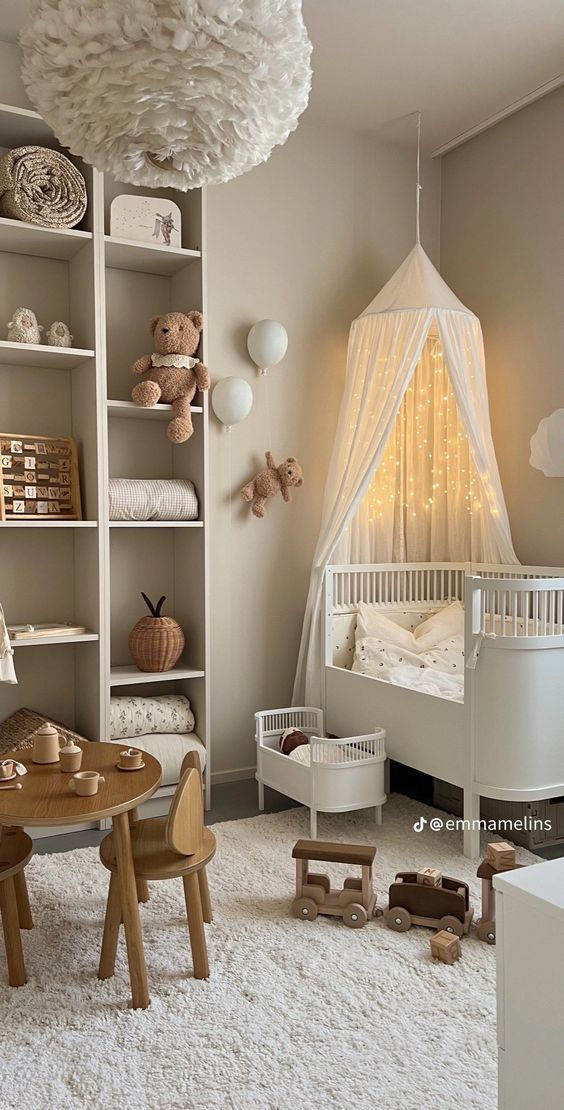 a baby's room is decorated in neutral colors