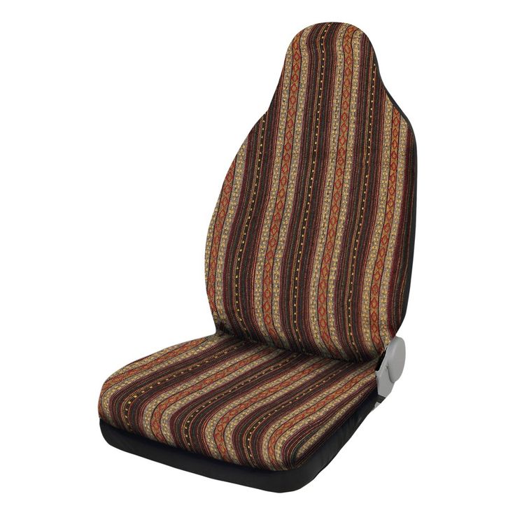 a car seat cover with a multicolored stripe pattern on the front and back