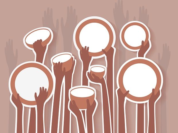 hands holding plates and spoons in front of a brown background with white speech bubbles