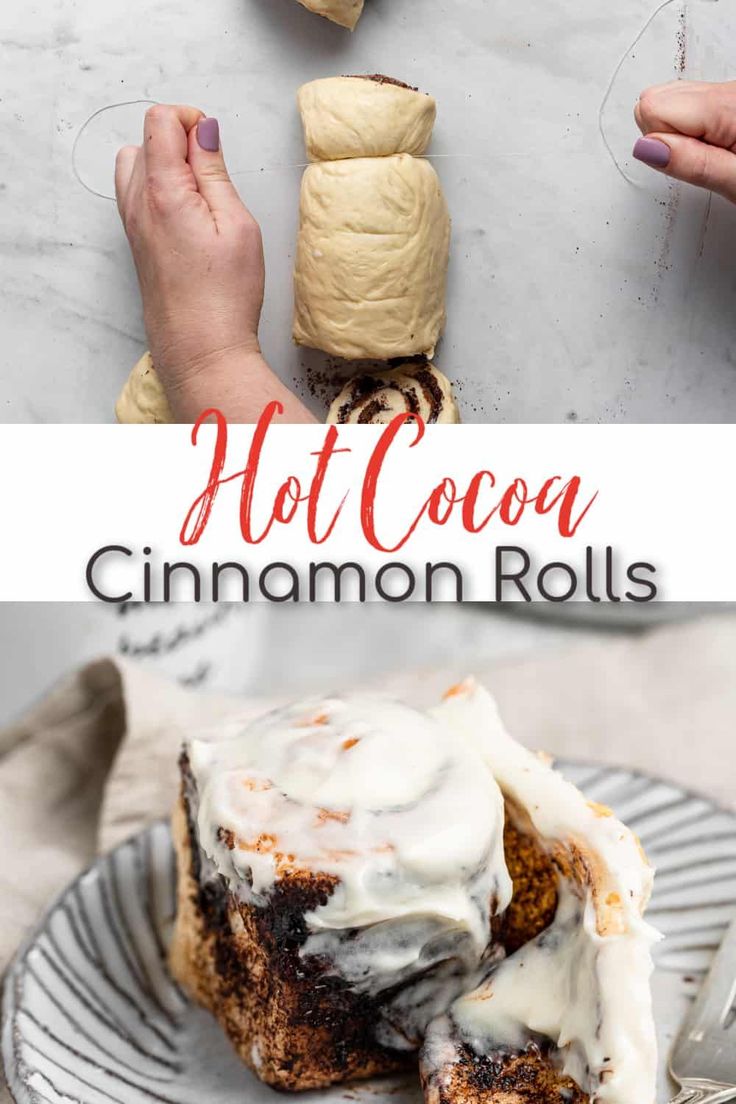 hot cocoa cinnamon rolls with icing on top and the title above it reads, hot cocoa cinnamon rolls