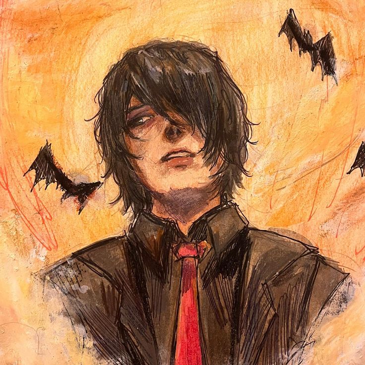 a drawing of a man wearing a red tie and bats flying around his necktie