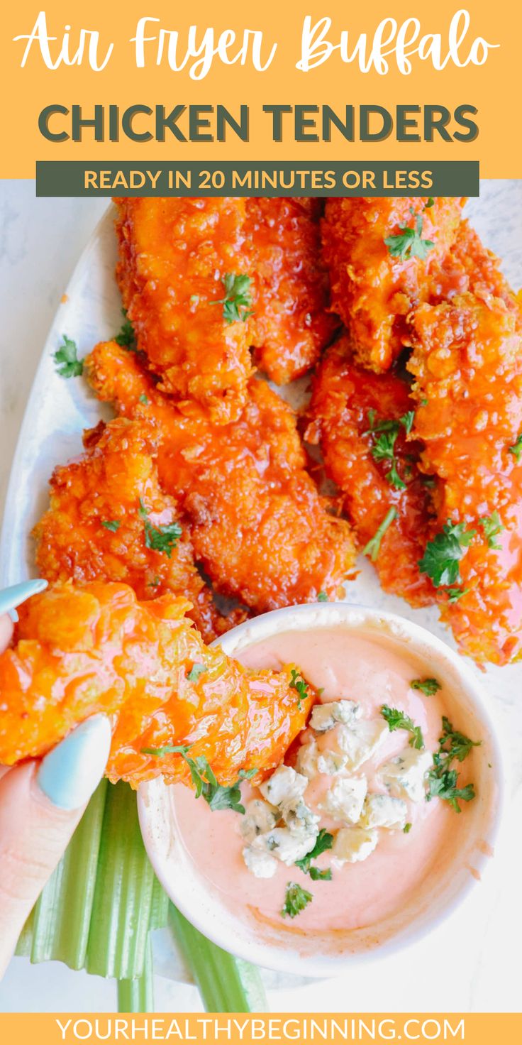 chicken tenders on a plate with dipping sauce