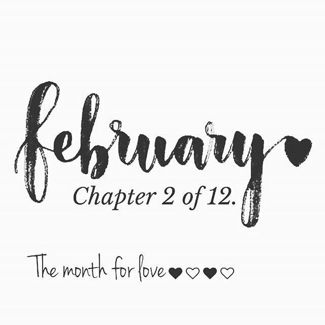 the logo for february, with hearts in black ink