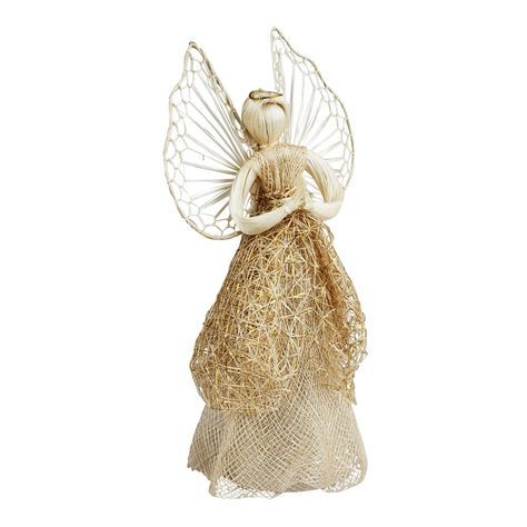 an angel statue made out of wire and burlied with gold thread on it's wings