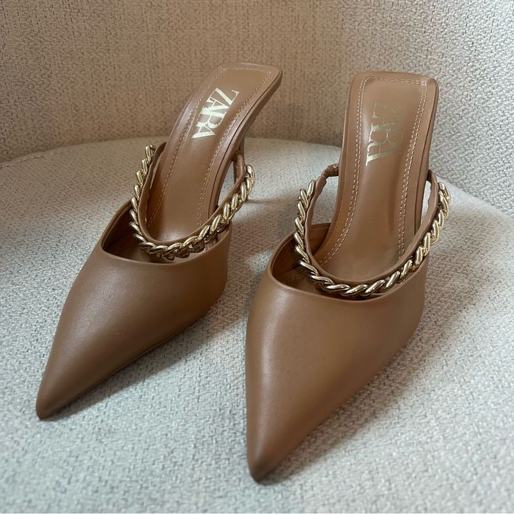 Brand New - Never Worn - Zara Heels - Size 37 Zara Sandals Heels, Elegant Zara Pointed Toe Mules, Trendy Brown Zara Heels, Trendy Zara Heels For Formal Occasions, Trendy Formal Zara Heels, Zara Closed Toe Formal Mules, Zara Elegant Round Toe Mules, Trendy Zara Closed Toe Heels, Zara Formal Closed Toe Mules